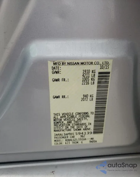 2015 Nissan Altima 2.5 from USA, damaged, VIN 1N4AL3AP9FC594139